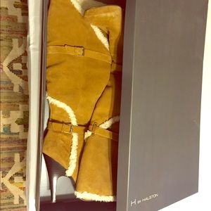 H by Halston tan suede over the knee heel boots